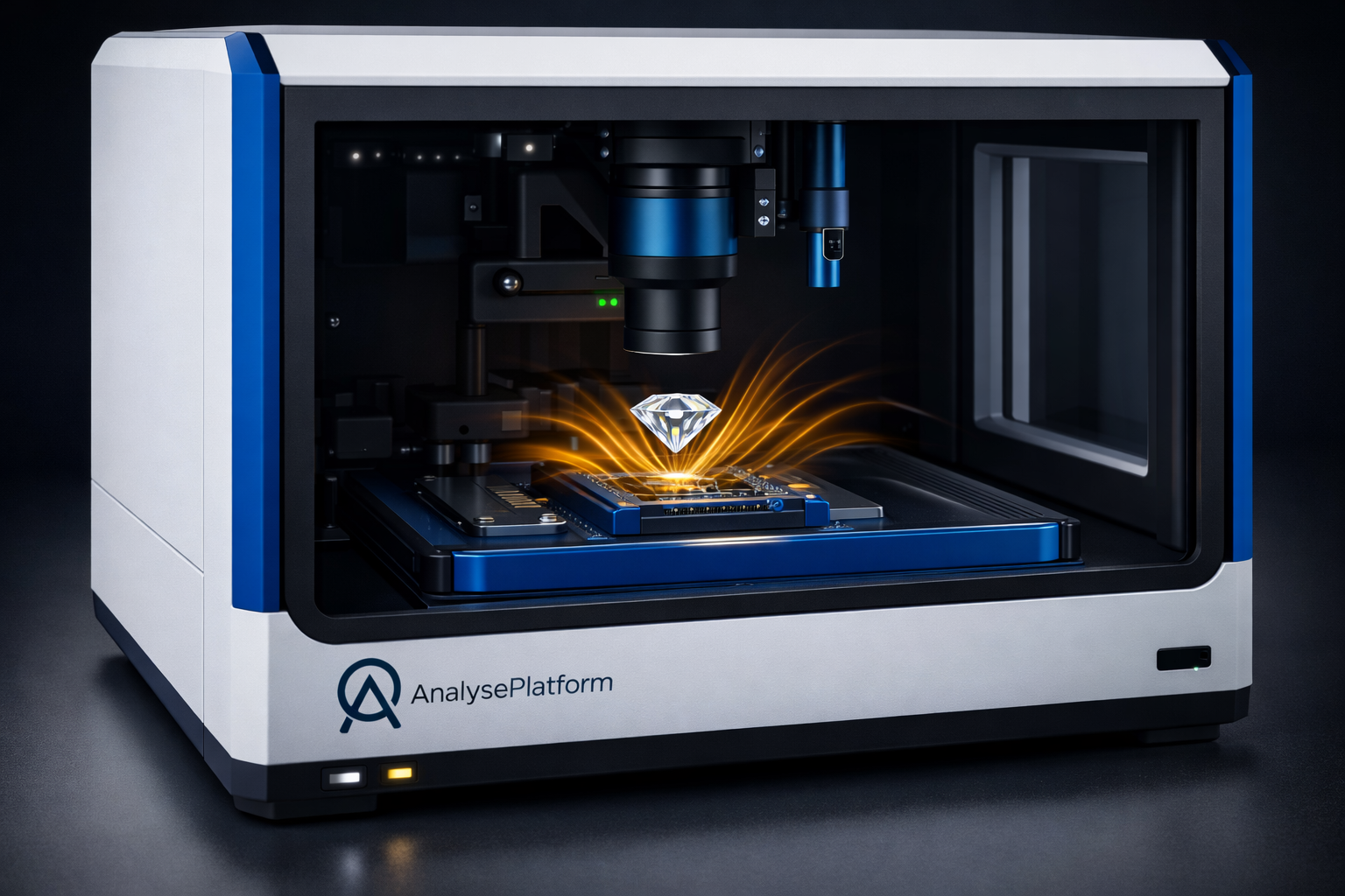 Concept visualization of the AnalysePlatform — compact benchtop spin defect characterization system
